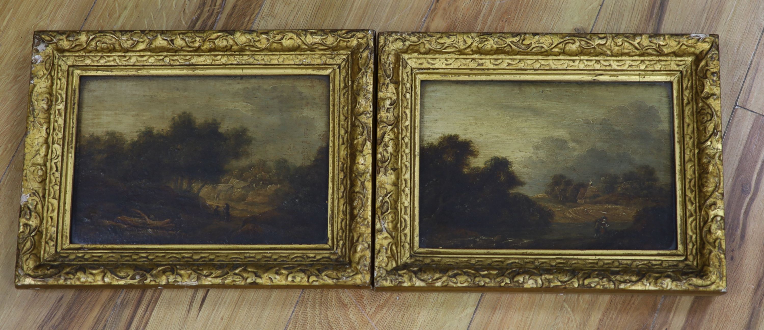 Late 18th century English School, pair of oils on wooden panels, Travellers in landscapes, 17 x 25cm